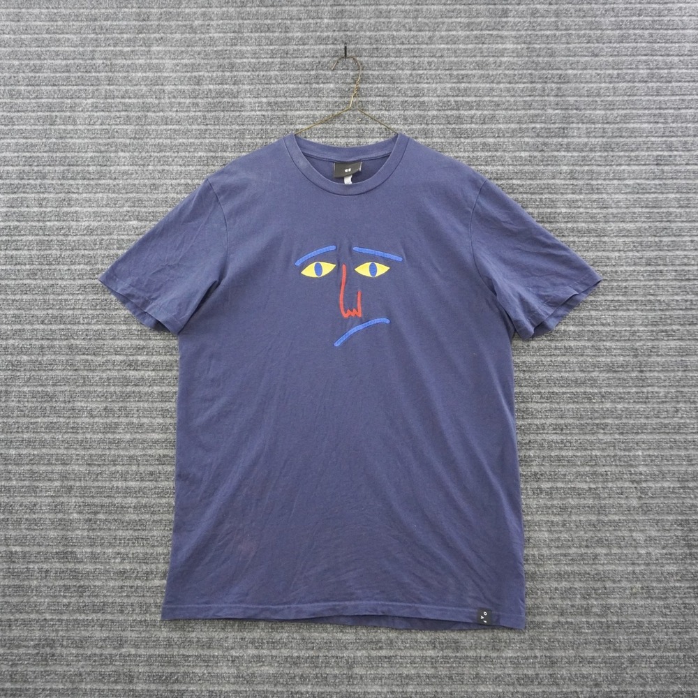 Lazy Oaf Lowbrow T-Shirt Small Navy Blue Embroidered Face Graphic Short Sleeve